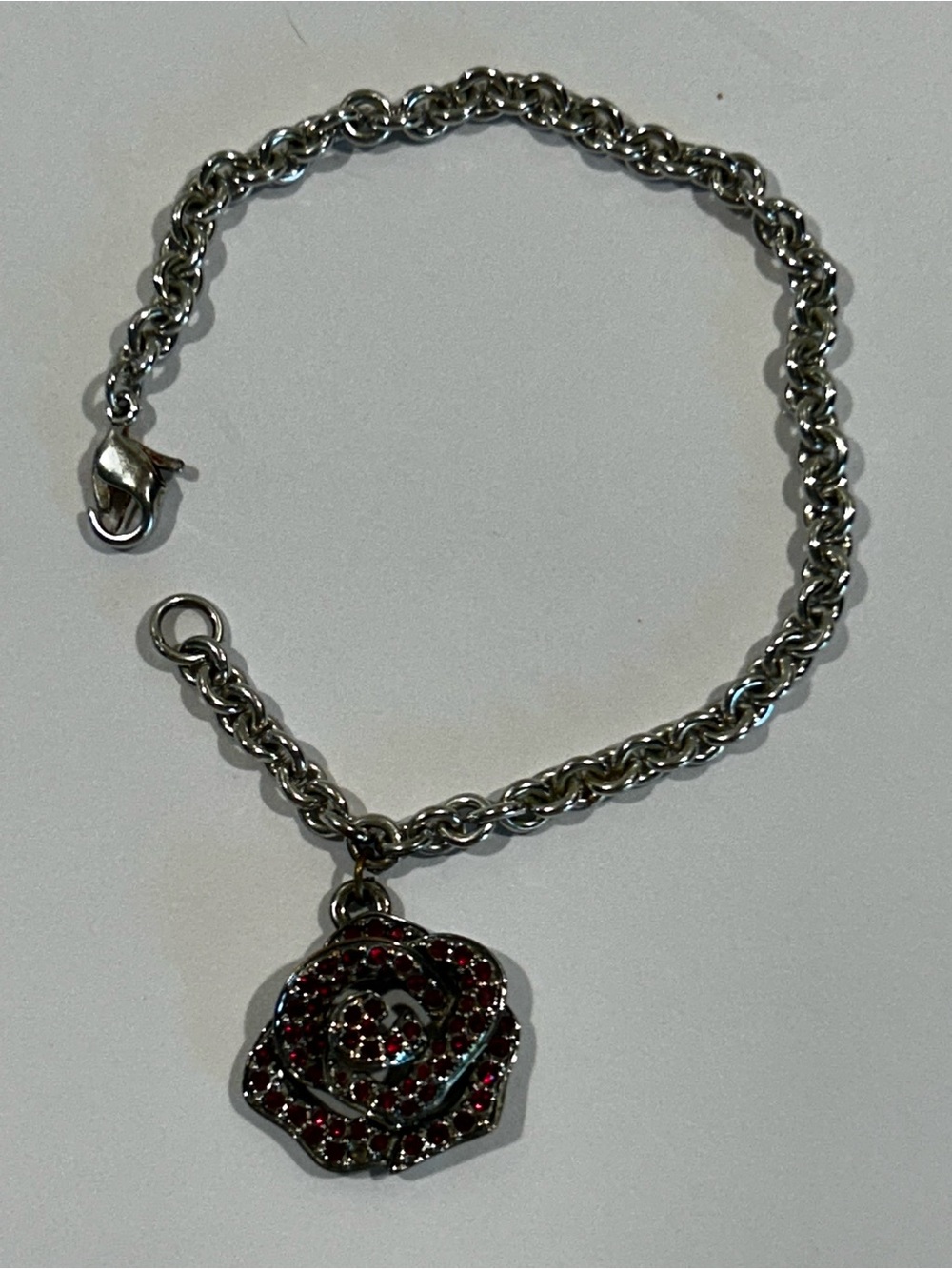 Rare, vintage, Swarovski Silver Chain Bracelet with Red Crystal Rose Charm